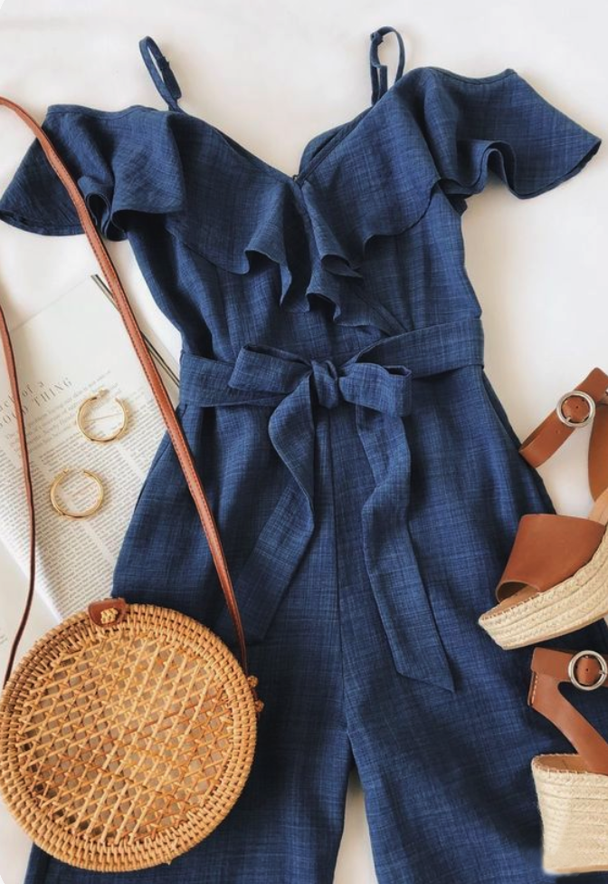 Denim romper with
                    strapped and
                    ruffles