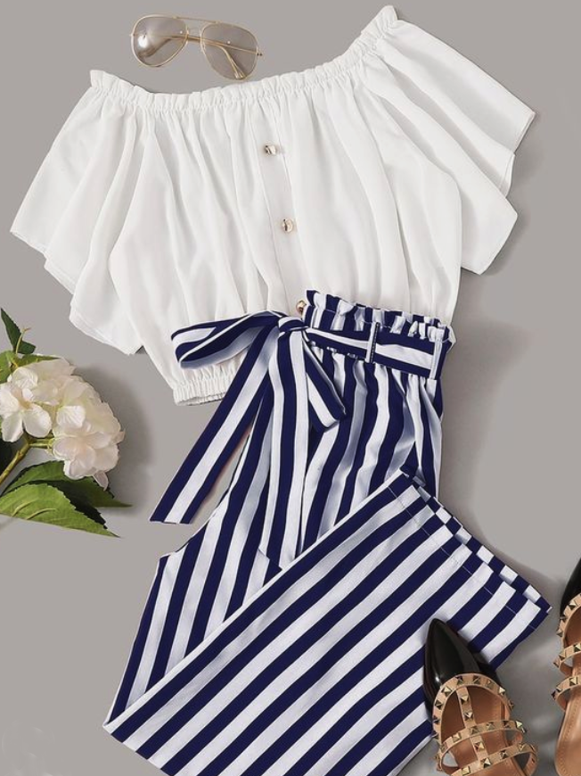 Flowy white top
                    with blue
                    striped flowy bottom